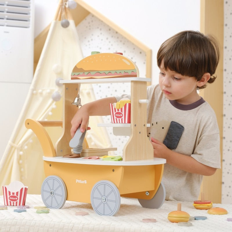 Mini Burger Shop Wooden Toy Set | Kids Pretend Play Food Cart Role Play