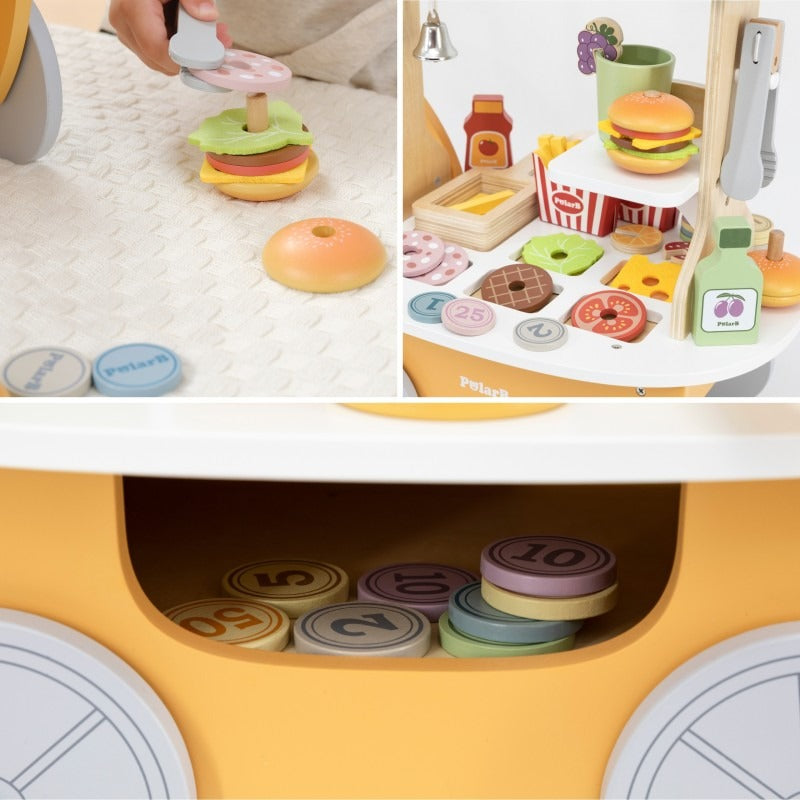 Mini Burger Shop Wooden Toy Set | Kids Pretend Play Food Cart Role Play