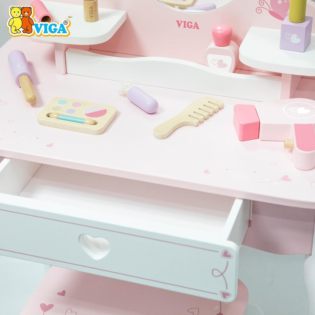 Wooden Dressing Table Set Pink | Princess Pretend Play Vanity Set for Kids