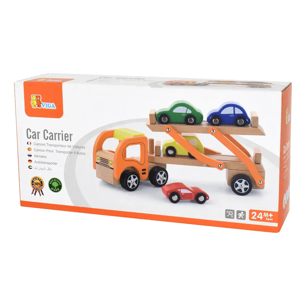 Wooden Car Carrier Truck Set Kids | Semi Trailer Toy with 4 Cars