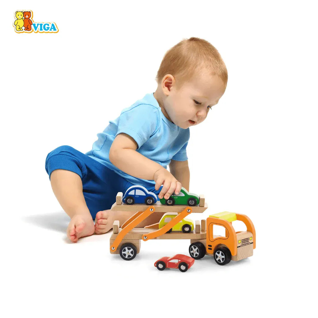 Wooden Car Carrier Truck Set Kids | Semi Trailer Toy with 4 Cars
