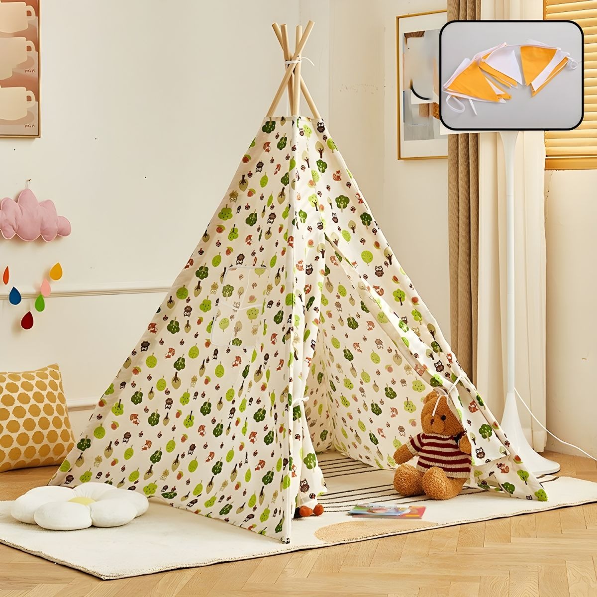 Kids Teepee Tent Indoor & Outdoor | Wooden Playhouse Tent for Kids