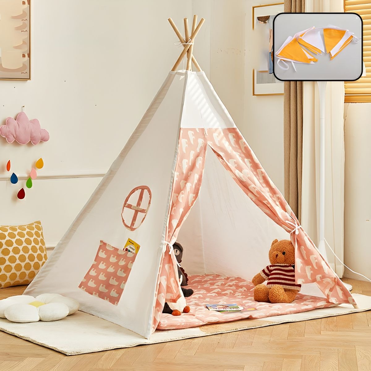Kids Teepee Tent Indoor & Outdoor | Wooden Playhouse Tent for Kids