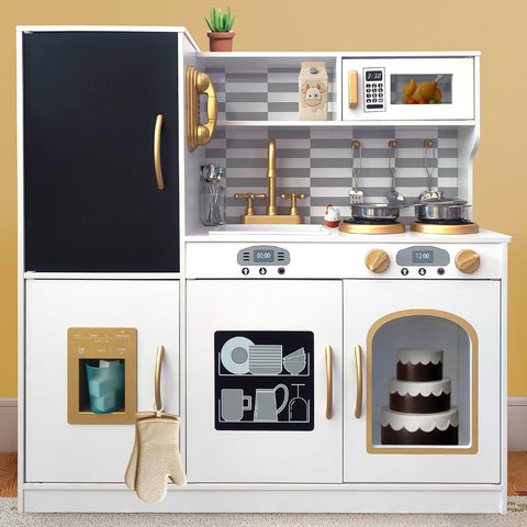 Wooden Kids Kitchen Playset with Running Water Lights & Sound, Play Kitchen Pretend Play Toy Set for Toddler 3-6 Years Old