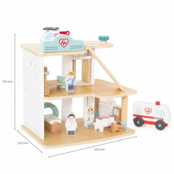 Wooden Hospital with Ambulance & Elevator Set (15 Pcs) | Pretend Play Medical Toy for Kids