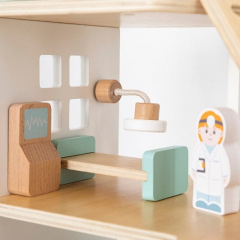 Wooden Hospital With Ambulance Elevator Set 15 pcs