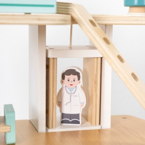 Wooden Hospital with Ambulance & Elevator Set (15 Pcs) | Pretend Play Medical Toy for Kids