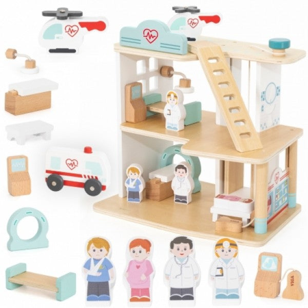 Wooden Hospital with Ambulance & Elevator Set (15 Pcs) | Pretend Play Medical Toy for Kids