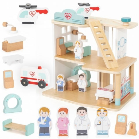 Wooden Hospital With Ambulance Elevator Set 15 pcs