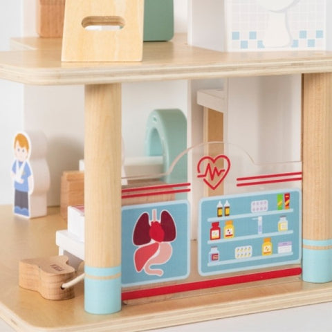 Wooden Hospital With Ambulance Elevator Set 15 pcs