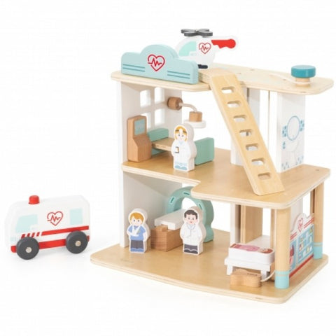 Wooden Hospital With Ambulance Elevator Set 15 pcs