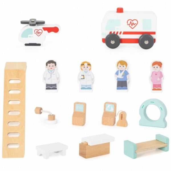 Wooden Hospital with Ambulance & Elevator Set (15 Pcs) | Pretend Play Medical Toy for Kids