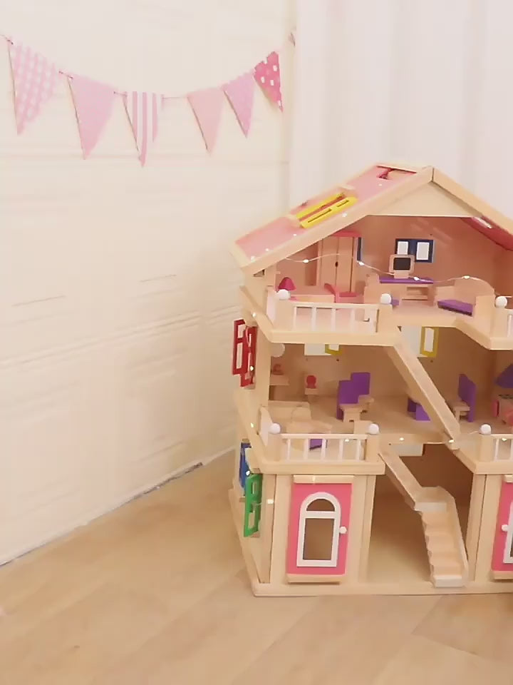 Happy Family Wooden Doll House for Kids | DIY Dollhouse with Furniture & Accessories