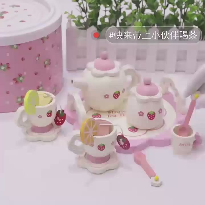 Wooden Sweet Strawberry Tea Set (15 Pcs) | Kids Pretend Play Tea Party Toy