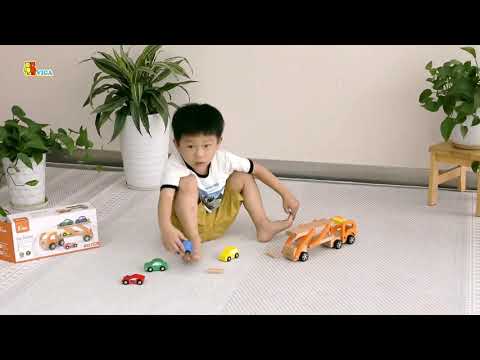 Wooden Car Carrier Truck Set Kids | Semi Trailer Toy with 4 Cars