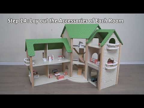 Wooden Doll House 6 Rooms Kids | 36 Accessories Pretend Play Dollhouse Set