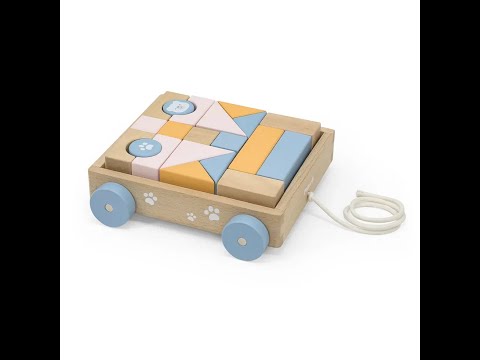 Pull Along Wooden Block Wagon Toy | 20 Pcs Stacking Blocks for Kids 18M+