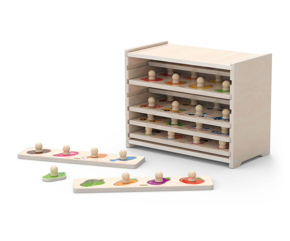 Flat Pegged Puzzle 12PCS Set with Storage Shelf | Wooden Toddler Learning Puzzle Set