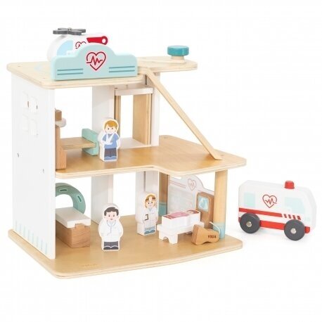 Wooden Hospital with Ambulance & Elevator Set (15 Pcs) | Pretend Play Medical Toy for Kids